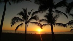 Atardecer sobre una playa con palmeras silueteadas contra el cielo.