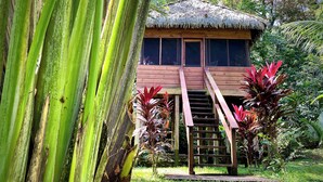 Una estructura de madera con techo de paja, rodeada de exuberante follaje y plantas.