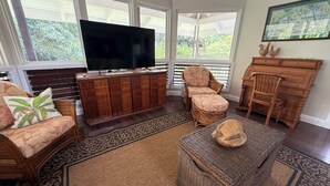 Un salon doté d’un grand téléviseur à écran plat posé sur un meuble en bois, de meubles en osier et offrant une vue sur la verdure grâce à de grandes fenêtres.