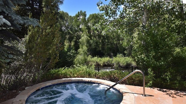 A hot tub surrounded by a stone patio, with a metal railing and a view of dense trees in the background.
