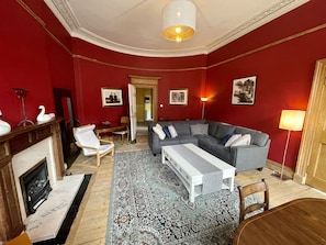 Una televisión, una chimenea, un reproductor de DVD, libros