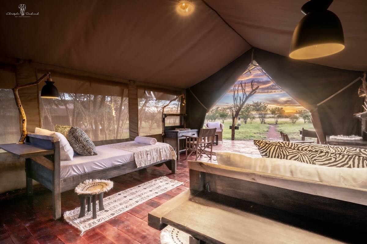 Alojamiento con carpa que incluye dos camas, un escritorio y vistas al exterior.