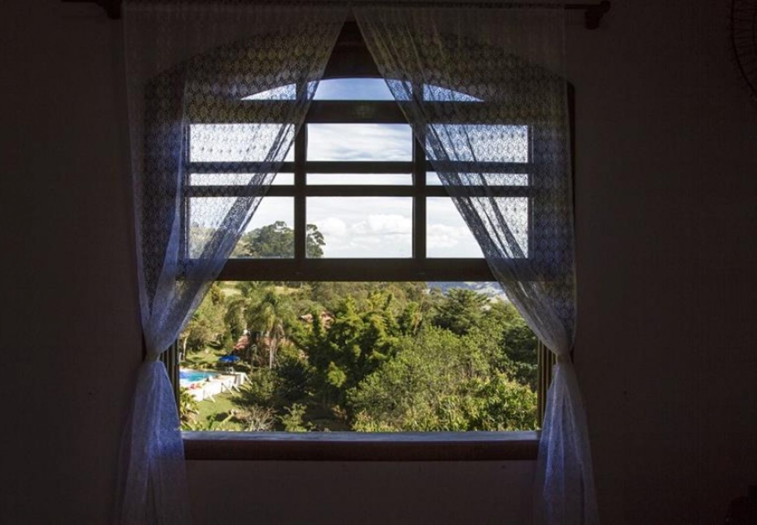 A window with a view of a lush green landscape and a clear sky.