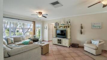 Smart TV, DVD player, books, video library