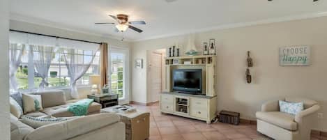 Smart TV, DVD player, books, video library