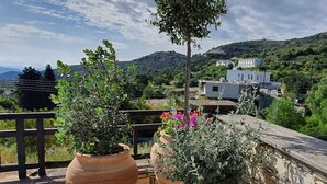 Una terraza con macetas y vistas a un paisaje montañoso.