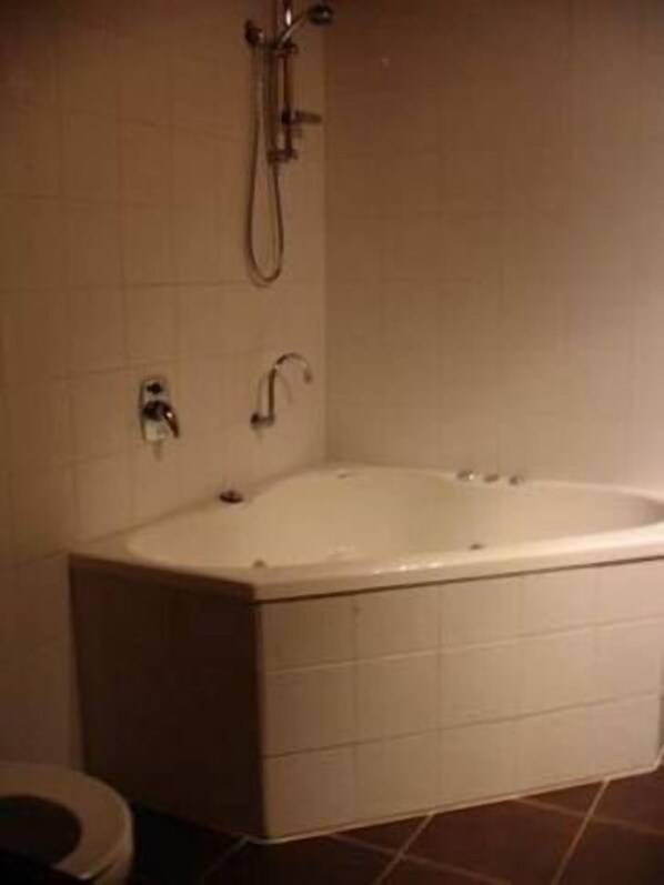 A bathroom with a large bathtub, a toilet, and a shower.