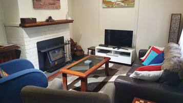 Fernseher, Kamin, DVD-Player, Bücher