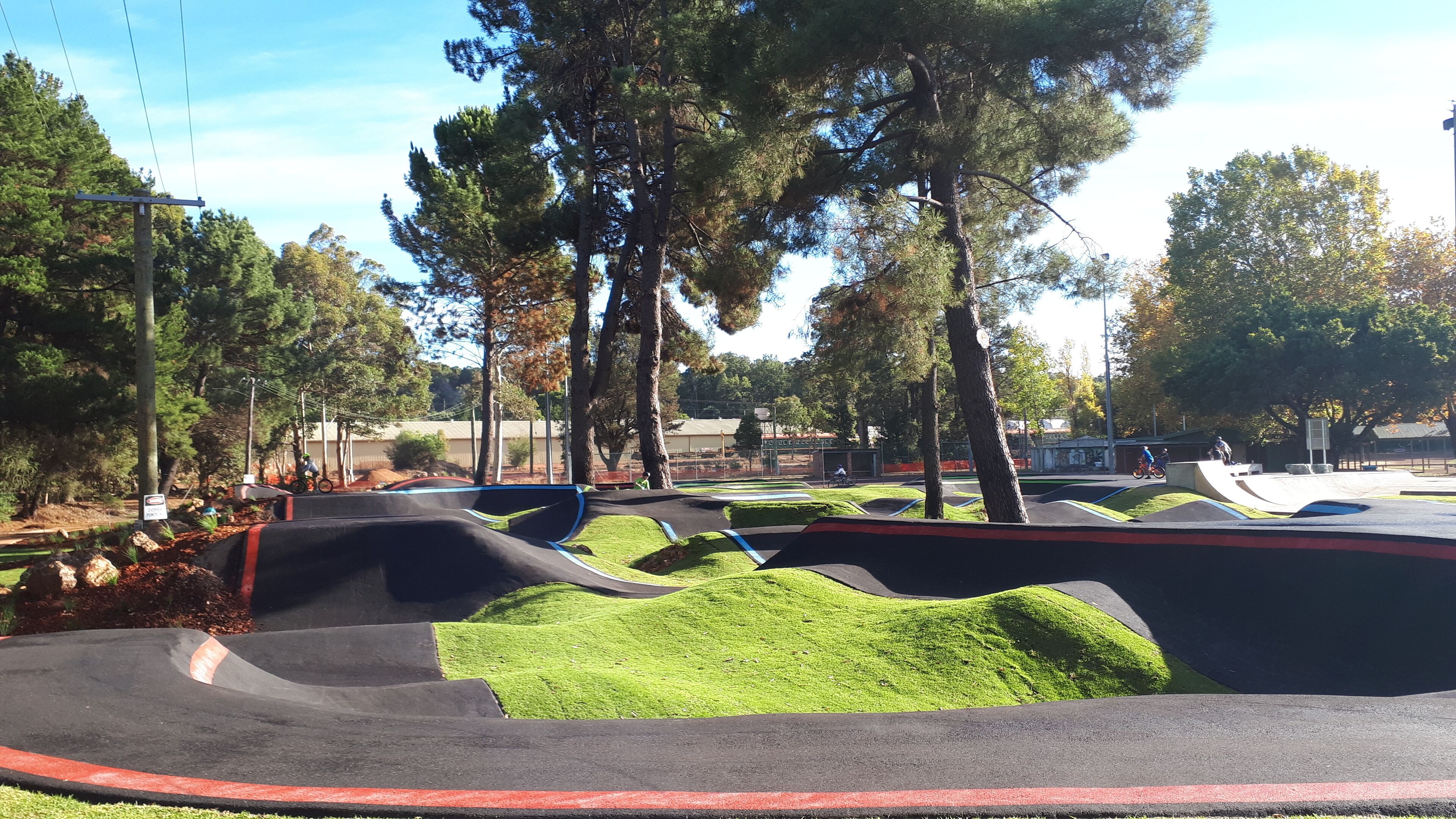Un parc à skate avec des rampes et des espaces verts, entouré d’arbres et sous un ciel dégagé.