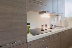 Fridge, microwave, stovetop, coffee/tea maker