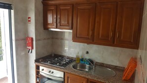 Una cocina con armarios de madera, estufa a gas, pileta y horno integrado.