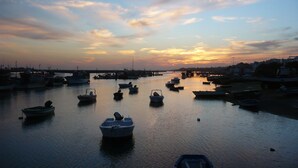A marina with several boats docked at low tide.