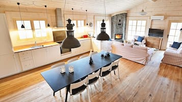 TV, fireplace, streaming services, music library