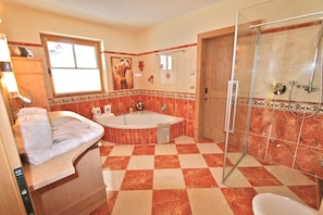 Combined shower/tub, hair dryer, towels, soap