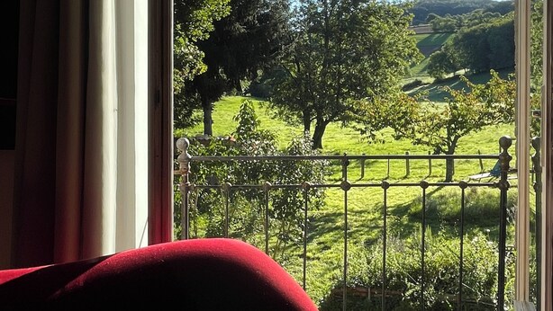 Una habitación con vista a un paisaje verde a través de una ventana.