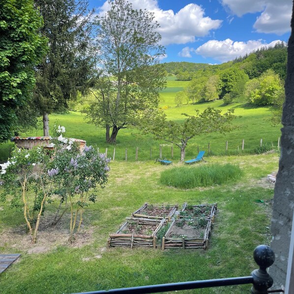 Ein Garten mit Holzzaun, einem Baum mit weißen Blüten und Blick auf einen grünen Hang.
