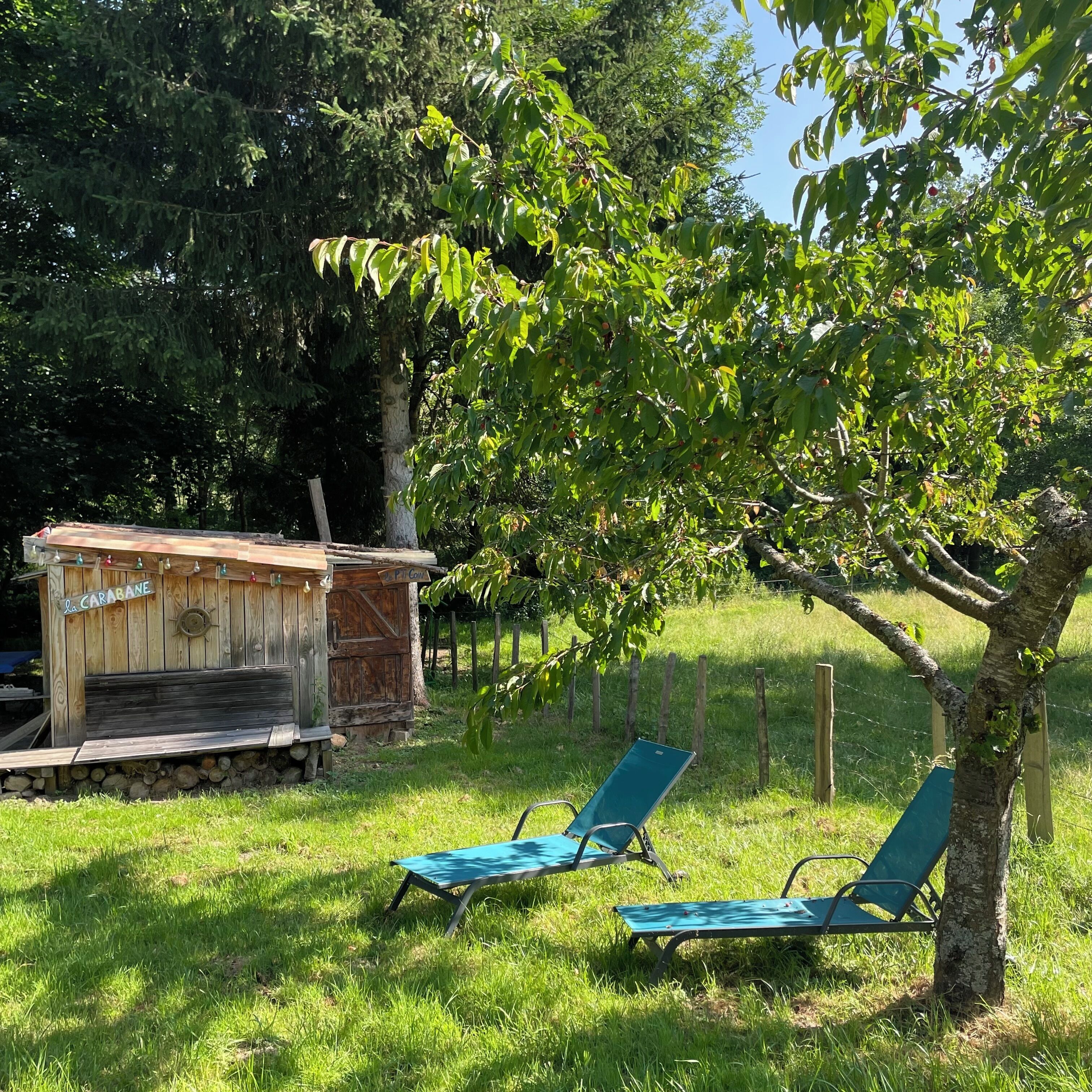 A rustic wooden structure labeled "La Carabane" with a bench and two lounge chairs in a grassy outdoor area.