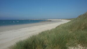 On the beach, sun loungers