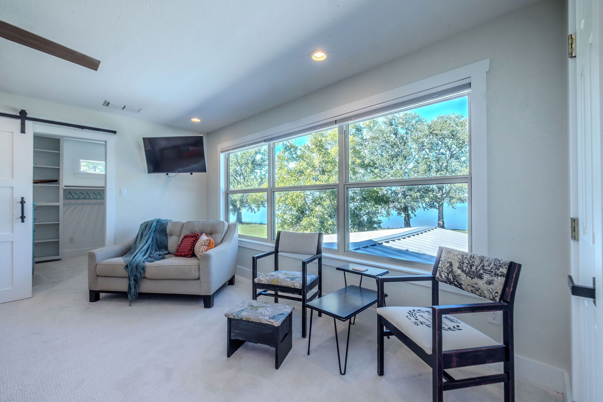 TV connectée, cheminée, livres, chaîne hi-fi