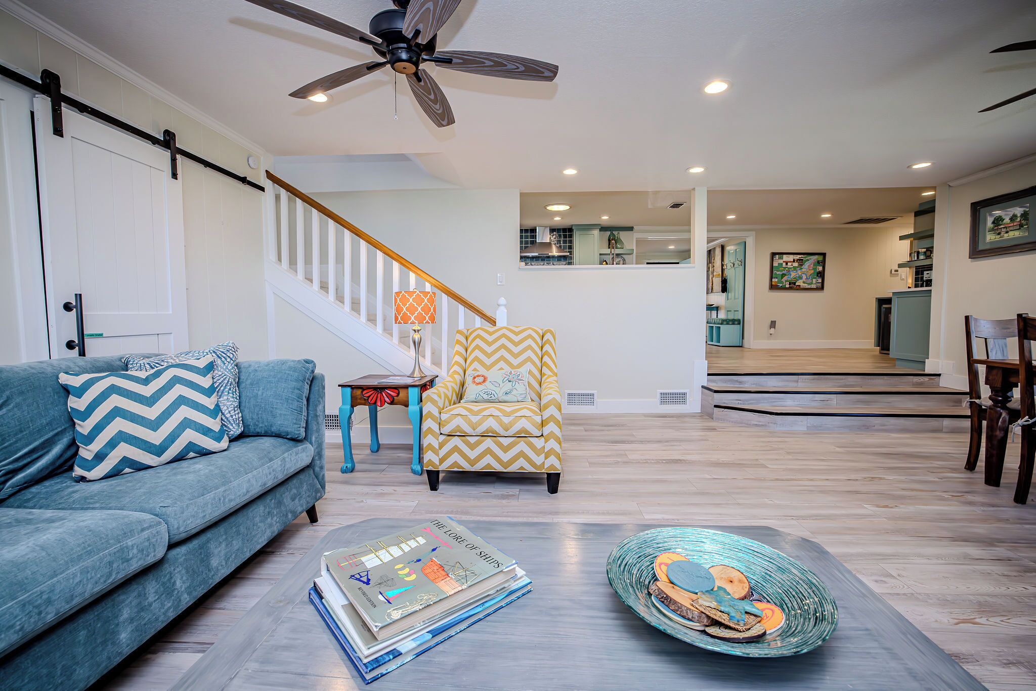 TV connectée, cheminée, livres, chaîne hi-fi