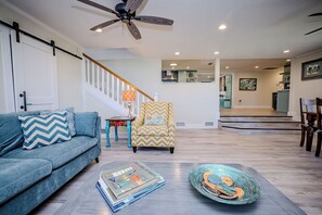 TV connectée, cheminée, livres, chaîne hi-fi