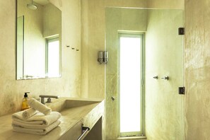 Shower, hair dryer, towels, shampoo