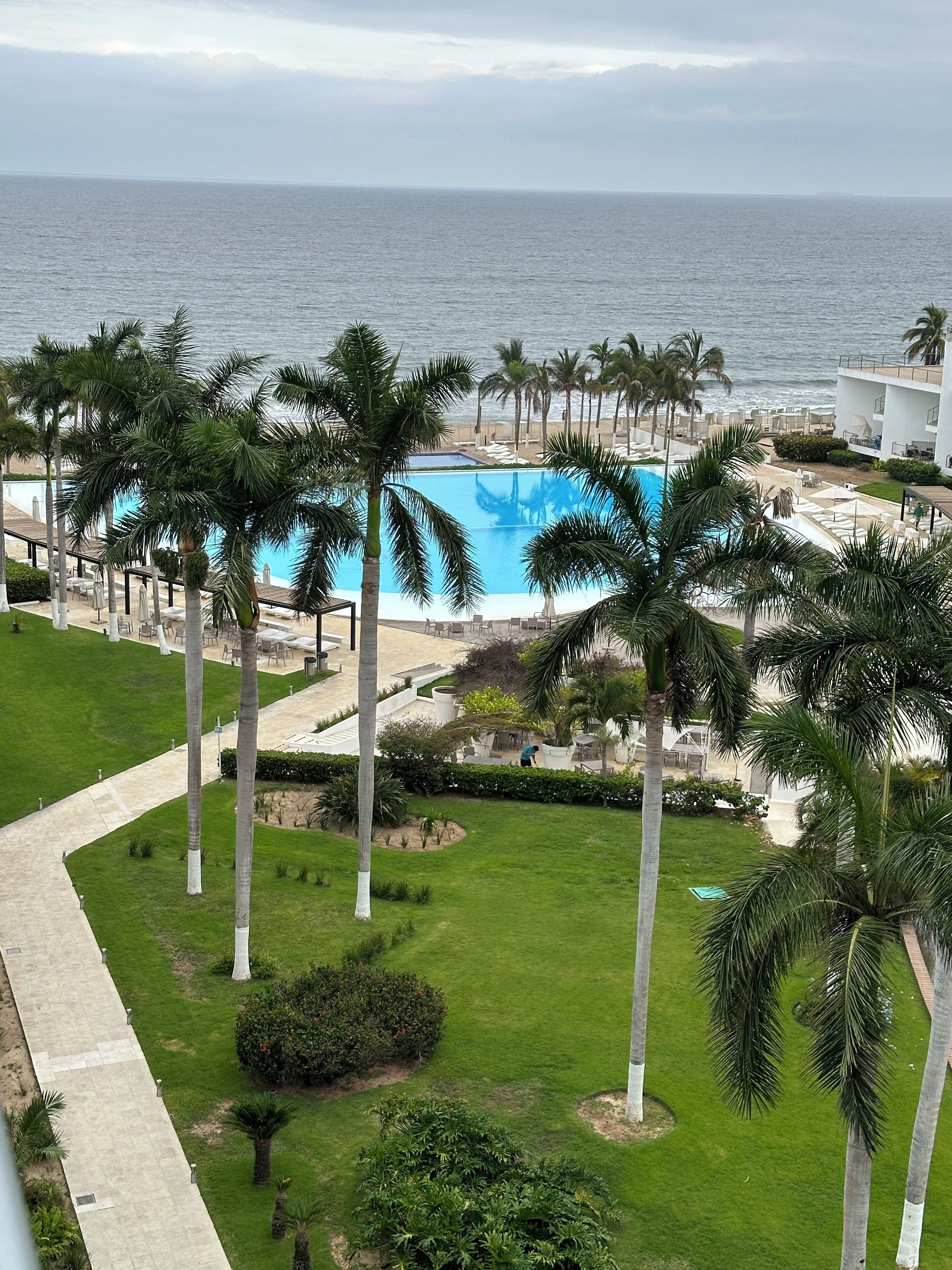 A resort with a pool, palm trees, and a view of the ocean.
