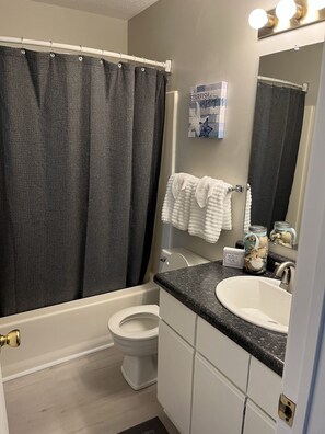 Combined shower/bathtub, hair dryer, towels