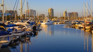 A marina with various boats docked, surrounded by buildings and palm trees. - Bixby Beauty 50s Mod -- Pool and Parking (Long Beach)