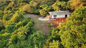 Vista aérea de una casa rodeada de un bosque denso, con un camino de entrada visible y una antena parabólica en el techo.