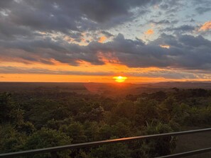 Un atardecer sobre un paisaje boscoso con una carretera en primer plano.