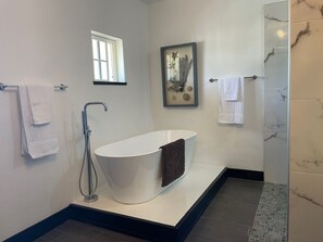 Combined shower/tub, hair dryer, towels, soap