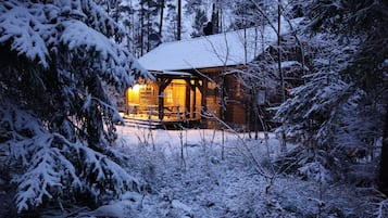 A cabin surrounded by snow-covered trees.