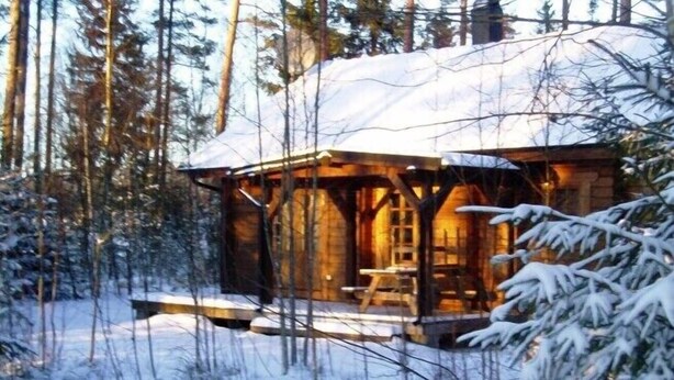 A wooden cabin with a snow-covered roof, surrounded by a forest. - Log cabin for 4 + 2 people, 80m2 in the middle of the forest between 2 lakes (Hallaryd)