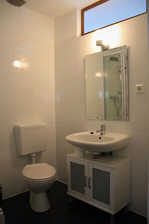 Un baño con inodoro, lavamanos y espejo.