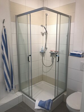Shower, hair dryer, towels, soap