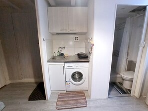A compact kitchen with a washing machine, a sink, and a small countertop. - Meublé de tourisme 2** (classified 2023) (Mont-Dore)