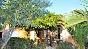 A garden patio with a stone pathway, wooden furniture, and various plants. - Cosy air-conditioned vacation home by the sea, free bikes (Saint-Cyprien)