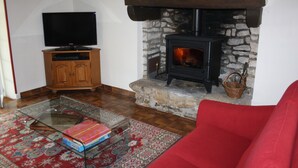 A living room with a stone fireplace, a television on a wooden cabinet, a red sofa, and a glass coffee table with books. - Le cottage de Soiz vacation rental  (Bannalec)