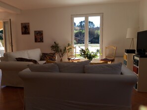 TV, DVD player, books, music library