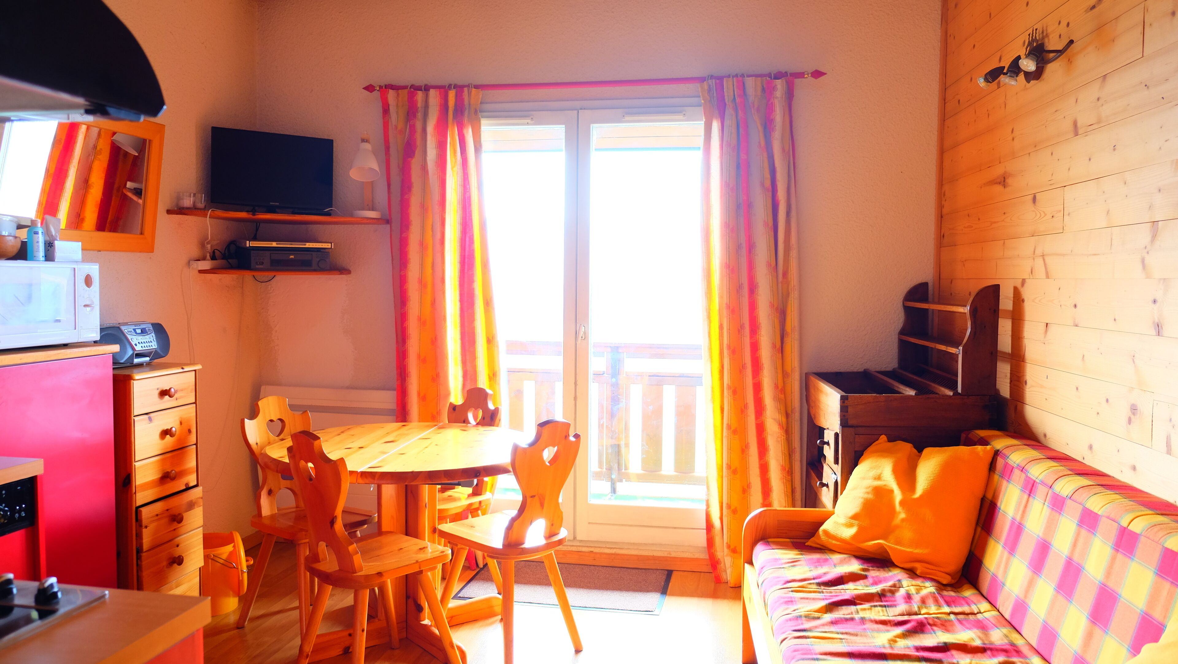 TV, DVD player, books, video library