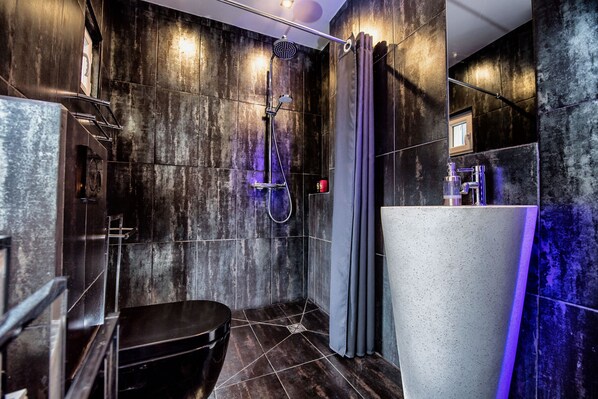 Shower, hair dryer, towels