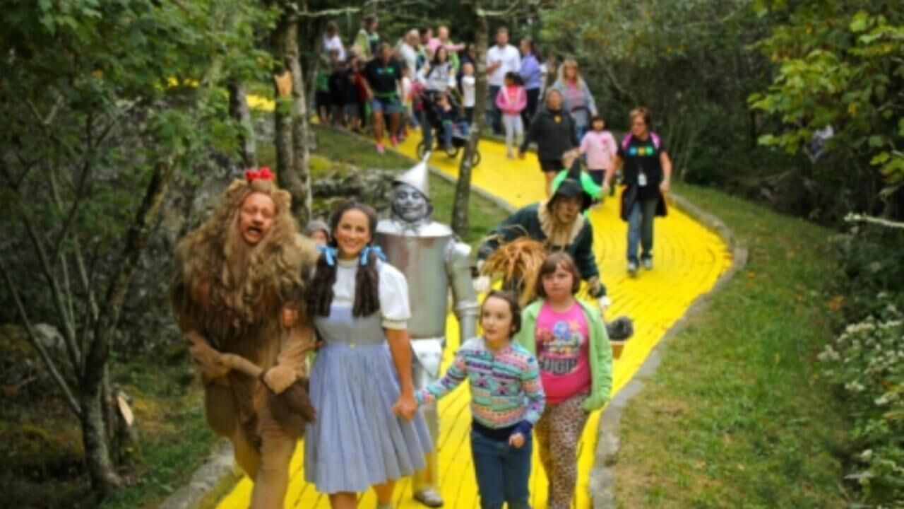 A group of people in costumes on a yellow path surrounded by greenery.