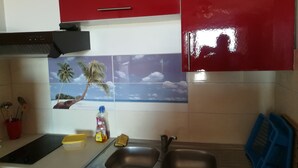 A kitchen with red cabinets, a stainless steel sink, and a tiled backsplash with a tropical design. - STUDIO ANSE MITAN TROIS ILETS MARTINIQUE (Trois Ilets)