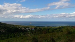 Un paisaje costero con vista al mar, una pequeña isla y un conjunto de edificios en una colina.