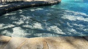 Una piscina trasparente con bordo in pietra, circondata da lettini e un grande albero.