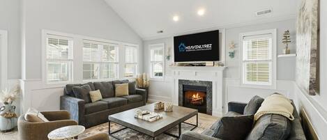 TV connectée, cheminée, lecteur de DVD, livres