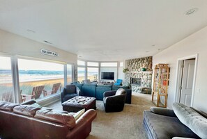 TV connectée, cheminée, lecteur de DVD, livres