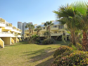 Un patio con césped, palmeras y un edificio con varios balcones.