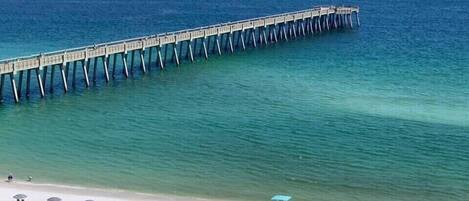 On the beach, sun loungers